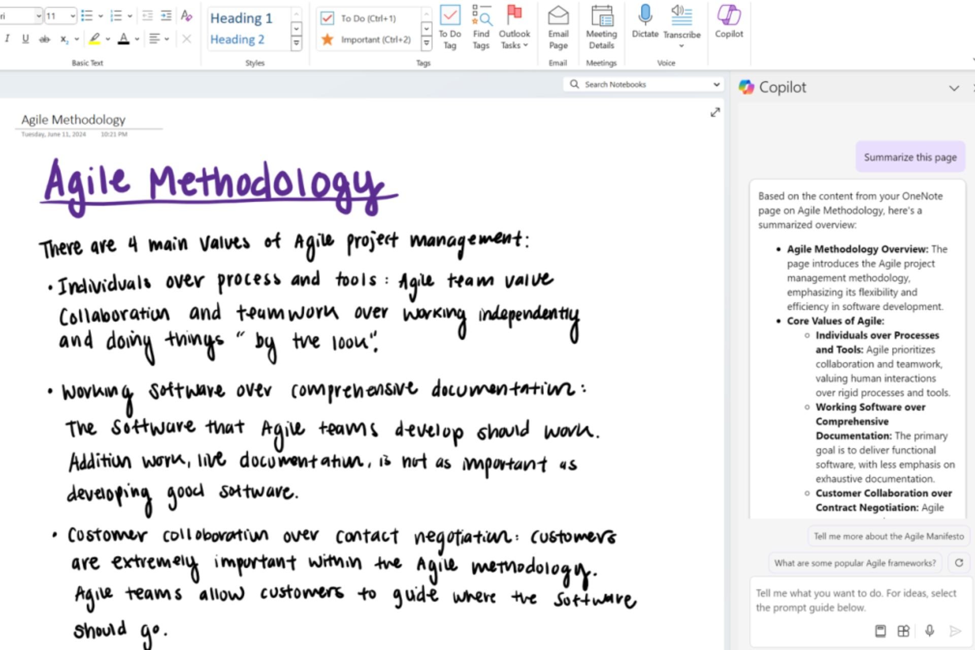 onenote copilot inked notes