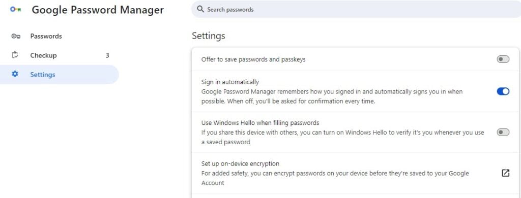 Windows Hello Pref in Chrome Password Manager 